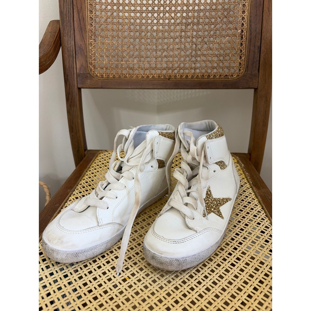 Gold Glitter Star White High Top Sneakers Distressed Lace Up Shoes Womens